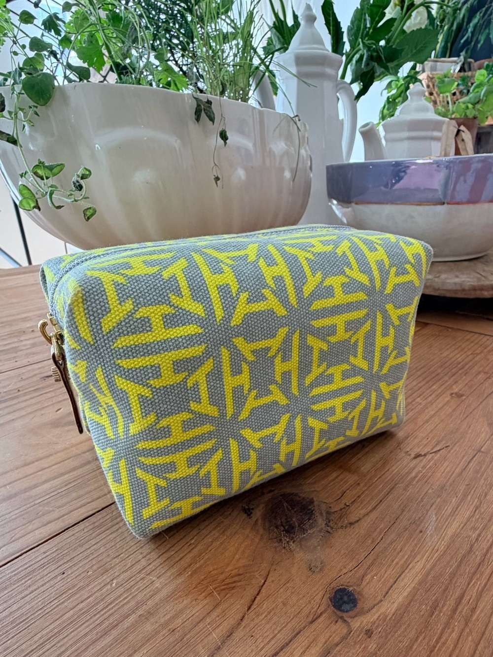 India Hicks Yellow & Gray Geometric Canvas Zip Pouch